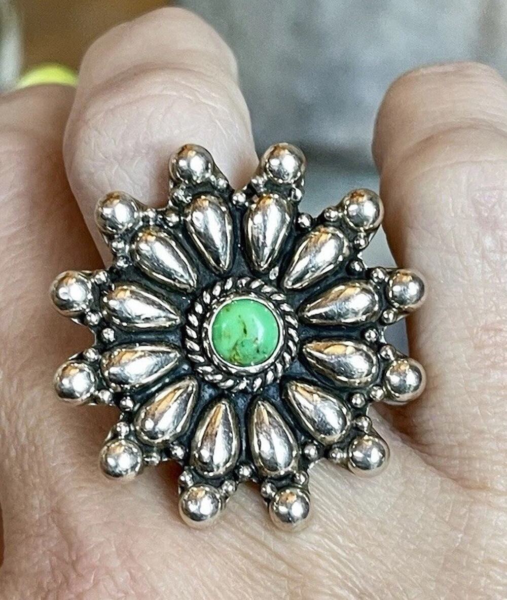 Sterling Silver Turquoise Concho Adjustable Ring BIG Southwest Flower Statement